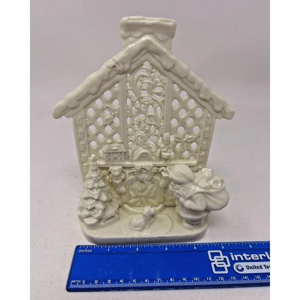 Vintage Ceramic Christmas Village House Tealight Candle Holder Santa Fireplace